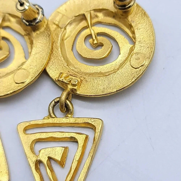 Val Gold Tone Chunky Aztec Style Post Dangle Earrings - Picture 2 of 4